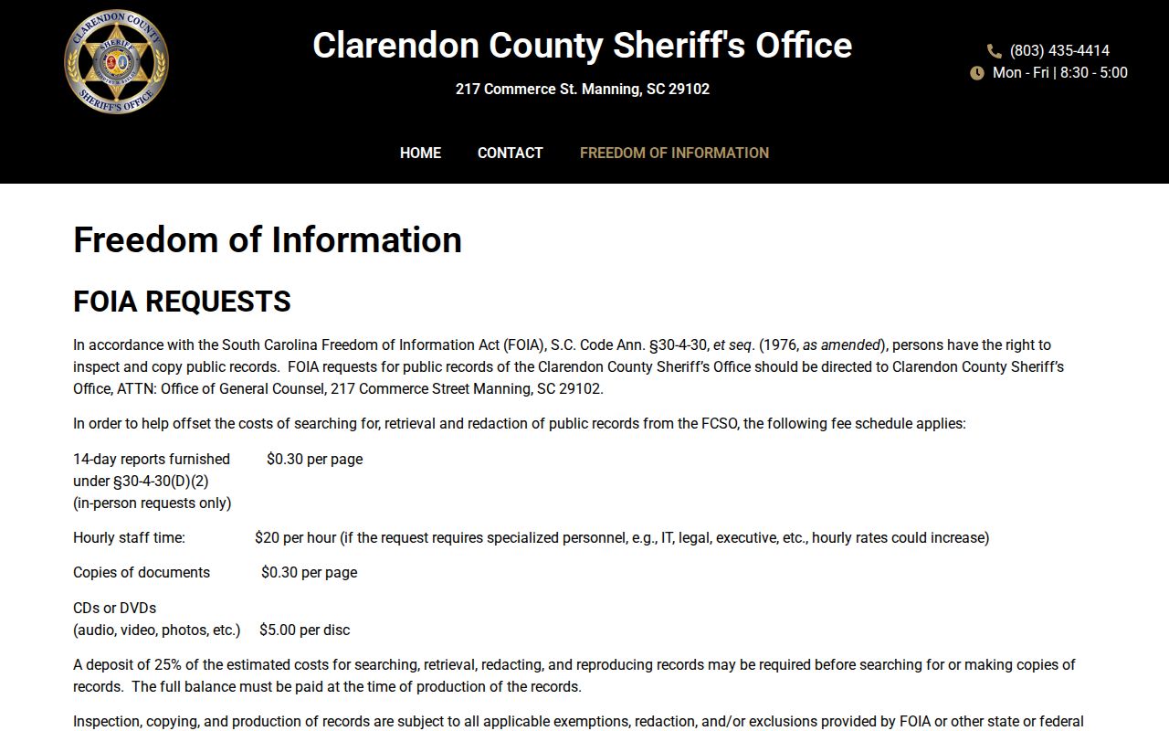 Clarendon County released inmate record request and Sheriff FOIA fees